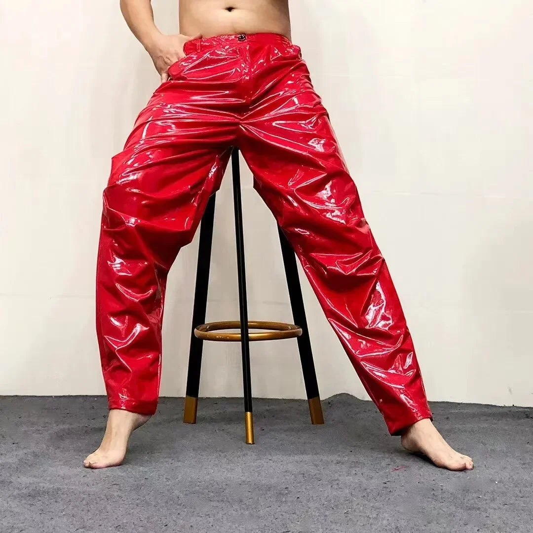 Men Mid Waist Shiny Faux Latex Leather Loose Hiphop Pants With Pocket Male Solid Color Stretch PVC Trousers Clubwear New Custom