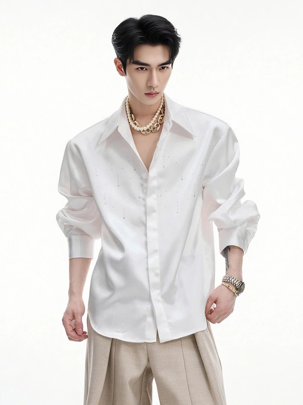 Men's Satin Rhinestone Shiny Long Sleeve Shirts 2025 Spring Autumn New High-end Loose Comfort Shirts Trendy Diamond Chic Jackets