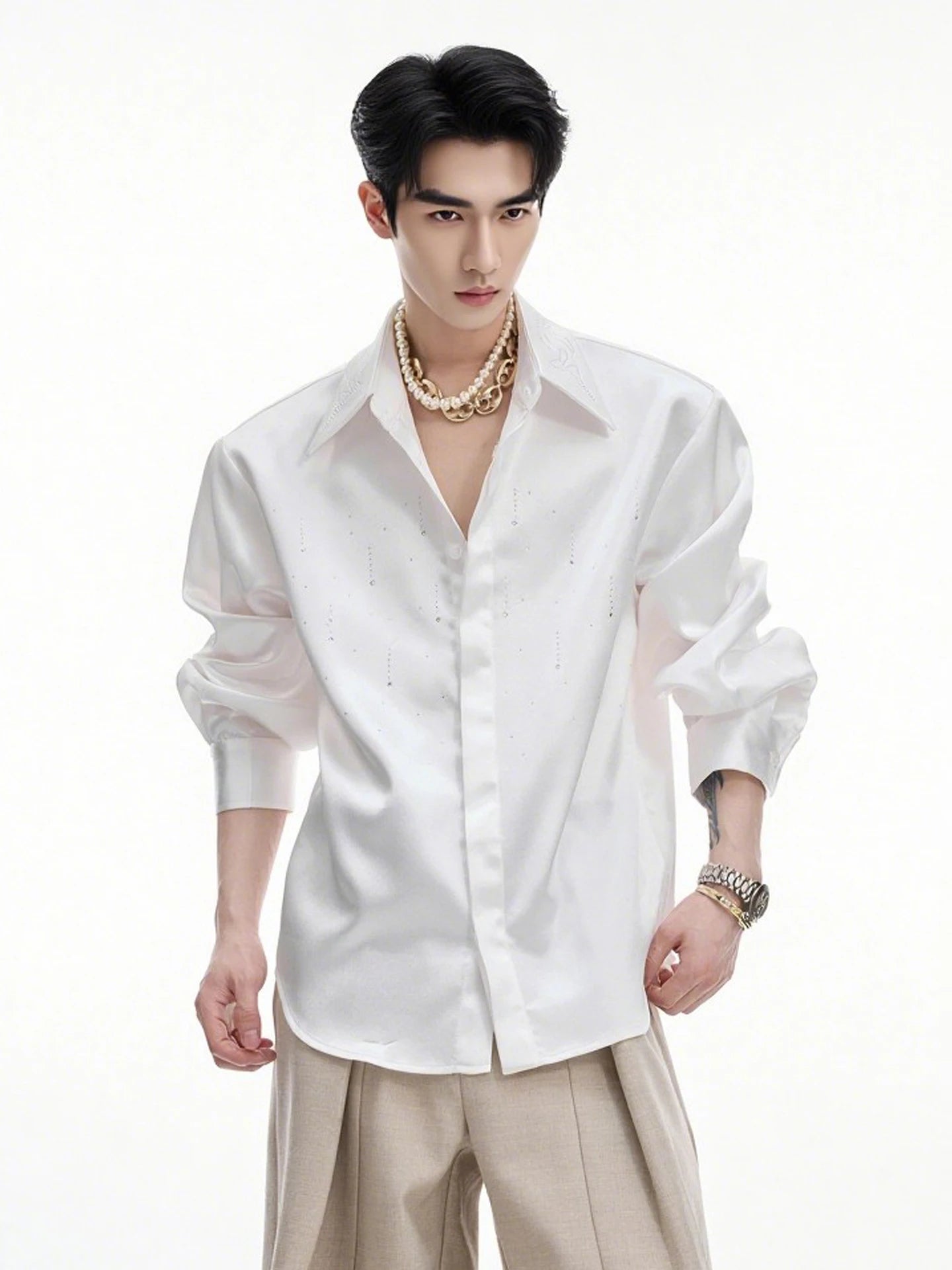 Men's Satin Rhinestone Shiny Long Sleeve Shirts 2025 Spring Autumn New High-end Loose Comfort Shirts Trendy Diamond Chic Jackets