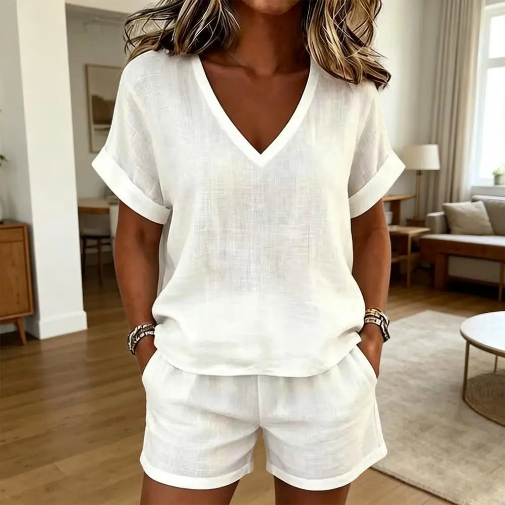Women T-shirt And Shorts Set V-neck Short Sleeve Top 2 Piece Sets 2026 Elegant Summer Women Two Pieces Suit Female Outfit Clothe