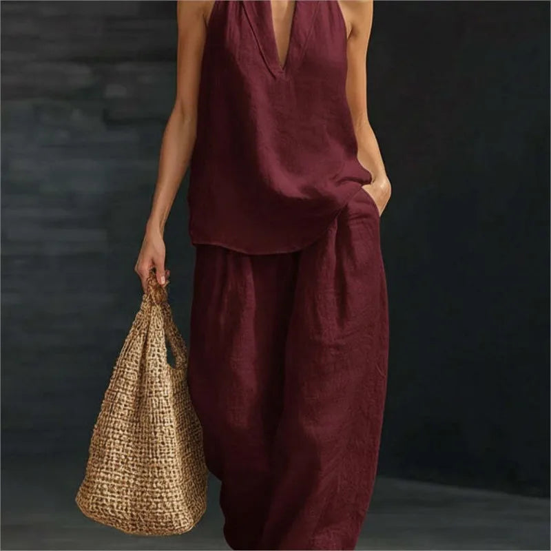 Loose Two-piece Halter Neck V-neck Sleeveless Top Trousers 2026 Summer Women's Fashion Solid Color Casual Womens Matching Sets