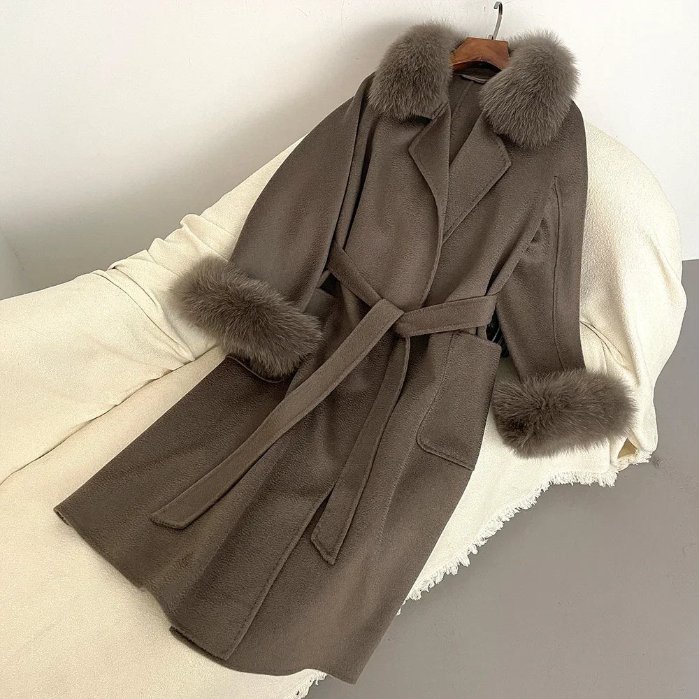 Fox Fur Coat for Women Wool Woolen Natural Real Fox Fur Collar Winter Jacket Ladies Belt Warm Outerwear Streetwear 2024
