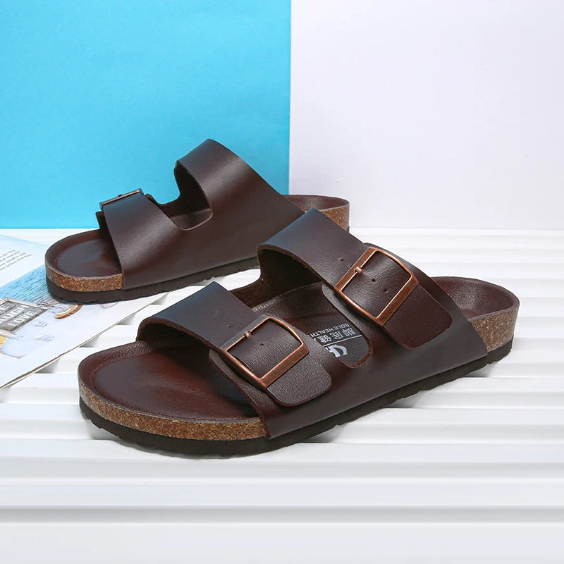 Summer Men Women Cork Slippers Clogs Microfiber Leather Slides Casual Slip On Sandal Double Buckle