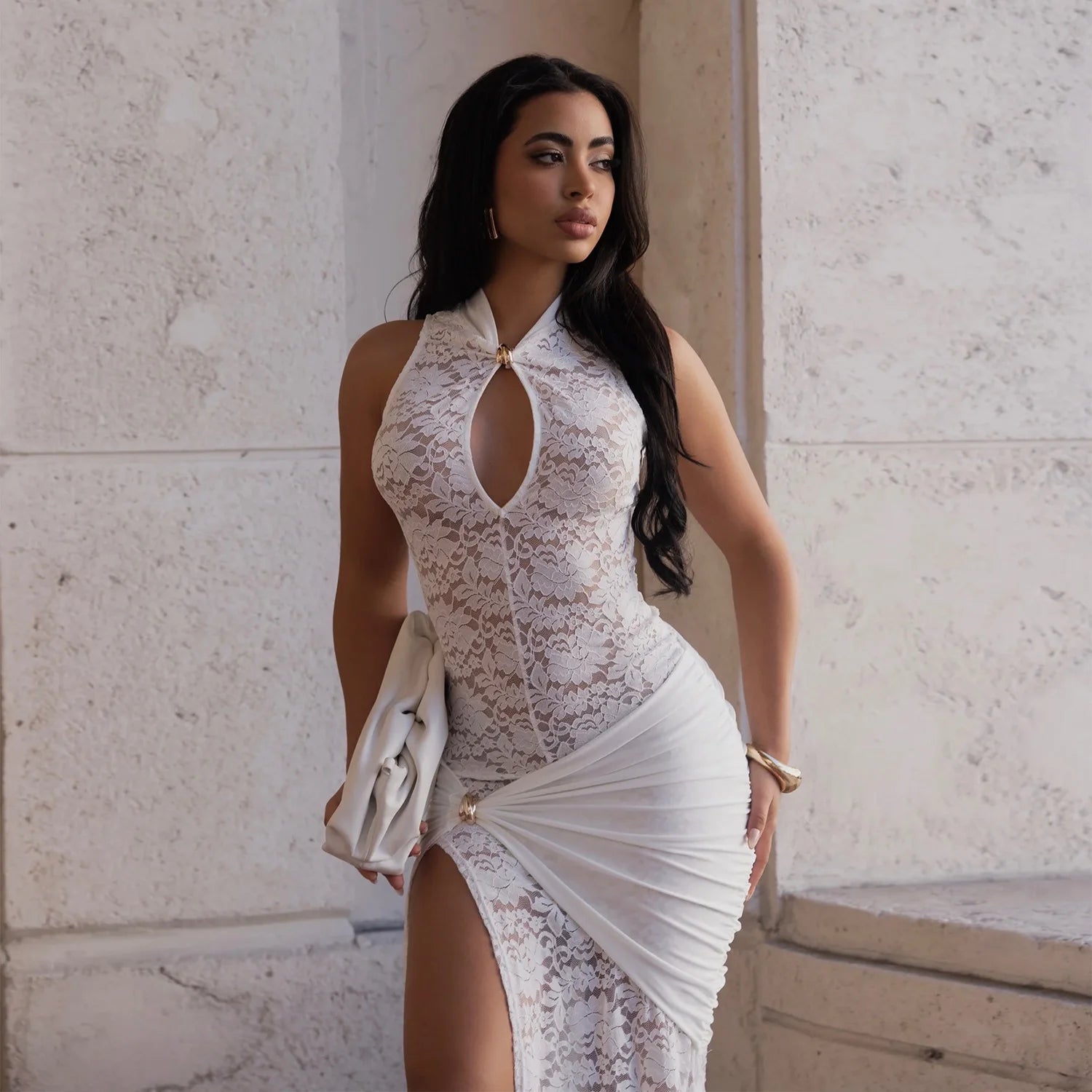 Sexy Women Lace Hollow Out Sleeveless Ruched High Split Maxi Long Dress 2026 Party Trendy Birthday Vacation Beach Dresses