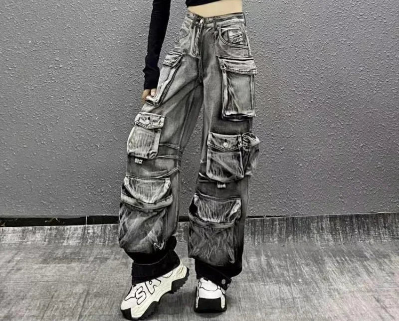 Jeans Women Denim Distressed Multi Pocket Y2k Streetwear Cargo Pants Casual High Waist Zipper Fly Winter Gradient Mom Jeans