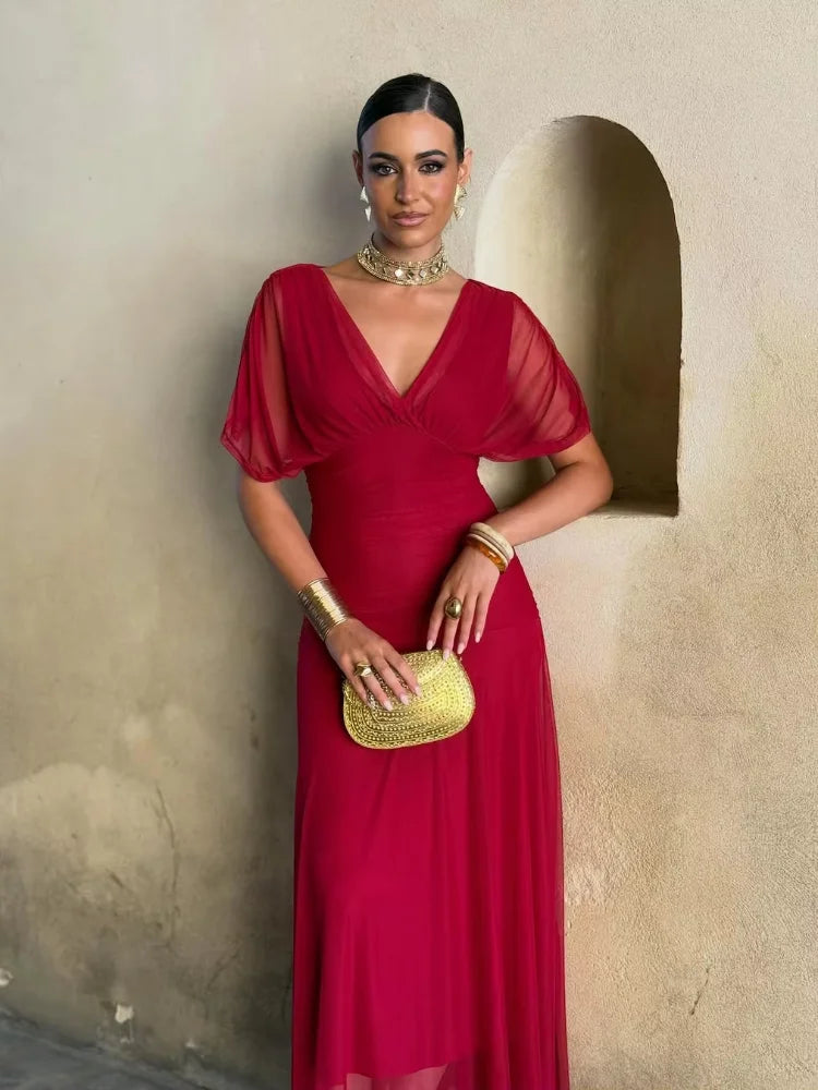 Women Solid Deep V-neck Mesh Long Dress Elegant Puff Short Sleeve Ruched Waist High Vestidos 2026 Summer Lady Casual Street Robe
