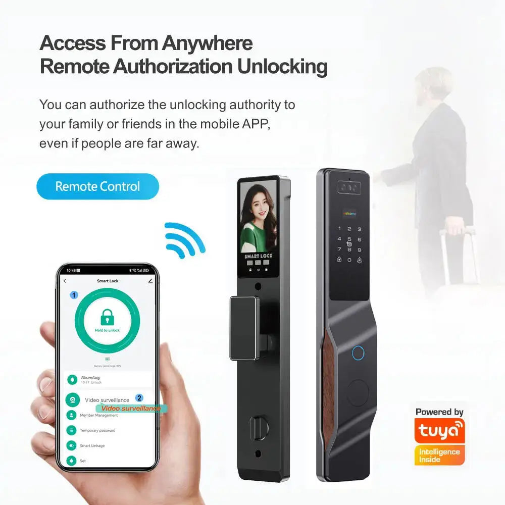 Tuya APP WIFI Remote Control Voice Intercom Smart Lock 3D Face Recognition Fingerprint Password Smart Door Lock With Camera