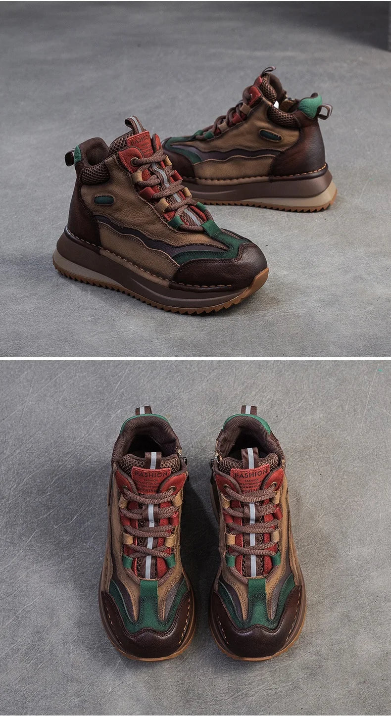 DRKANOL 2026 Women Boots Autumn Winter Mixed Colors Genuine Cow Leather Warm Ankle Boots Ladies High Top Casual Sneakers Shoes
