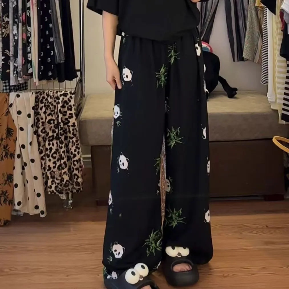 2025 Summer Sleeping Pants Women Thin Bottoms Spring Large Size Home Wear Pants Pajamas Flower Print Loose Cute Beach Trousers