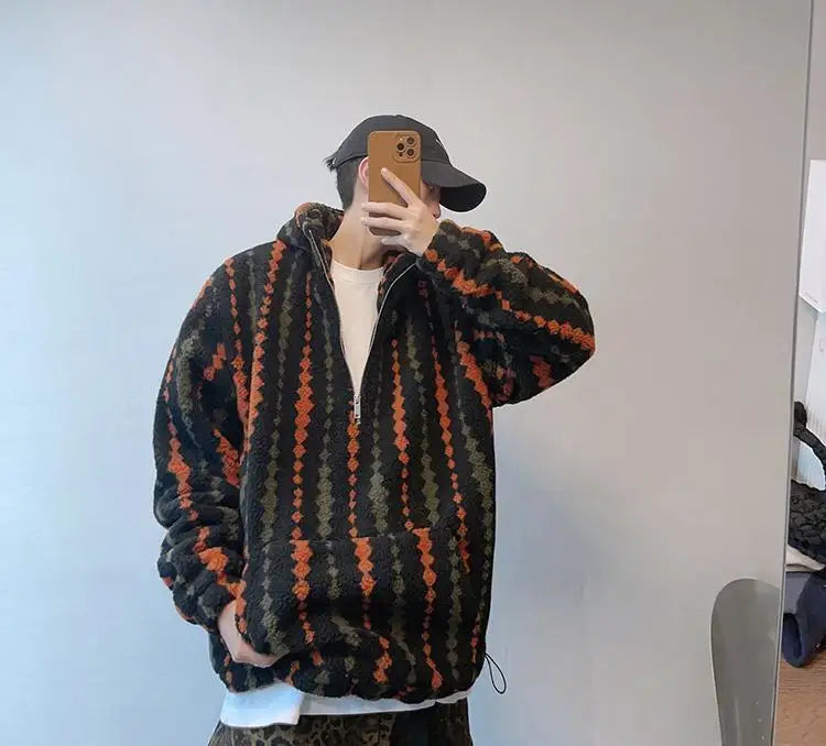 Retro Vertical Striped Autumn Winter Oversized Hooded Overcoat Men's Warm Velvet Loose Casual Half-zip Jackets Male Clothes