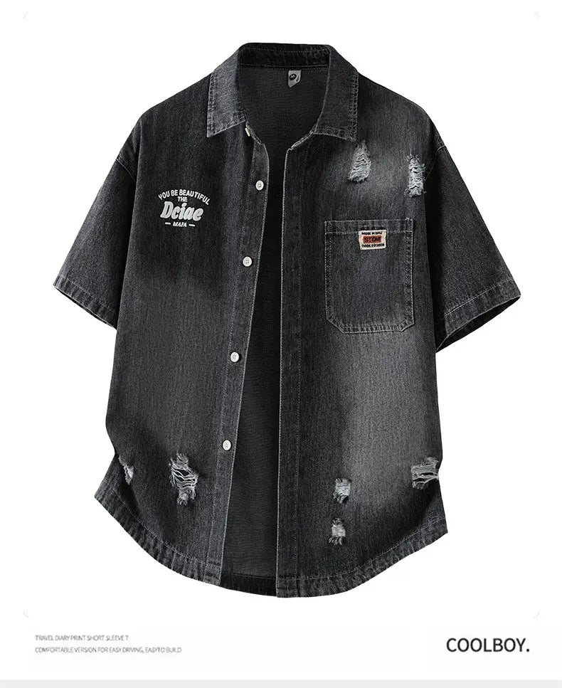 Men's Denim Shirt Summer Fashion Breathable Cotton Blend Short Sleeve Shirt Street Trendy Daily Outing Comfortable Jean Shirt