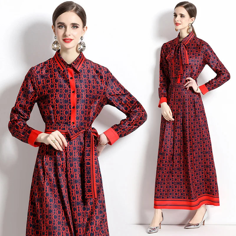 2025 Spring New Silk Satin European and American Fashion Waist slimming Printed Dress with Belt and Knee length Skirt