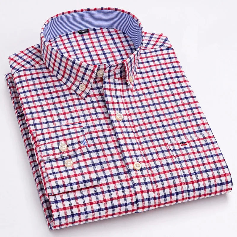 Men's 100% Cotton Smart Casual Shirt Long Sleeve Plaid Oxford Casual Solid Color Print Regular Fit Dress Shirt Oversized  6XL