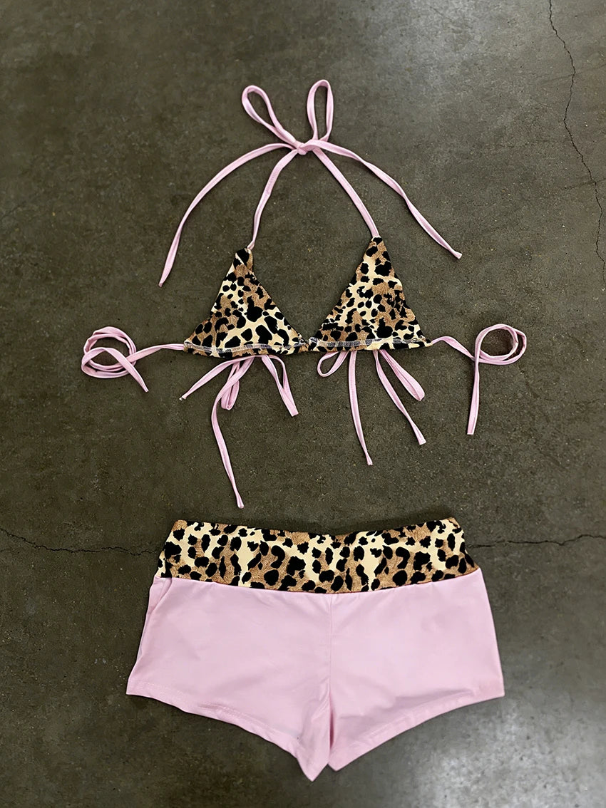 American Retro Sweet Spicy Leopard Print Patchwork Sexy Bikini Set Fashion Lace Up Hip Hugging Shorts Beach Women Two-piece Sets