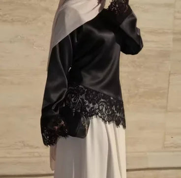 Elegant Satin Lace Patchwork Top Women Casual O-neck Loose Long Sleeves Strappy Female Shirt 2026 Spring Lady Fashion T-shirt