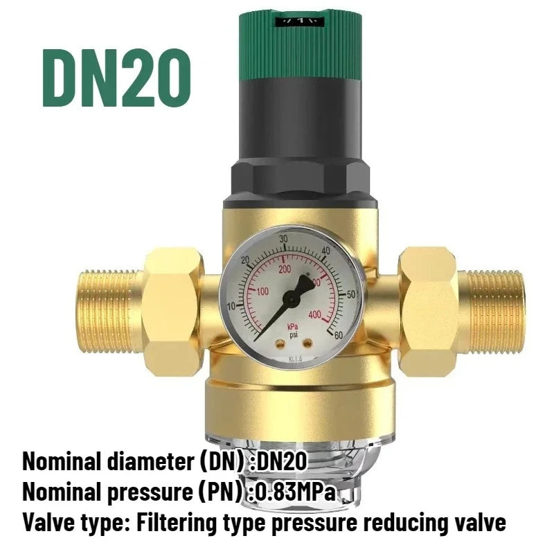 Tap Water Pressure Reducing Valve Adjustable Brass Double Union Pipe Water Purification with Gauge Filter Valve DN15/20/25/32