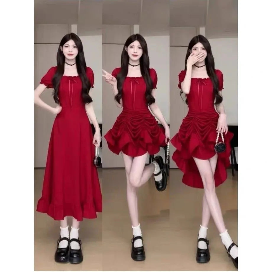 Sweet Pure Desire ort Skirt Summer Slimming Waistline Red Square Collar Long Dr Women's Faionable Versatile A-Line Dr
