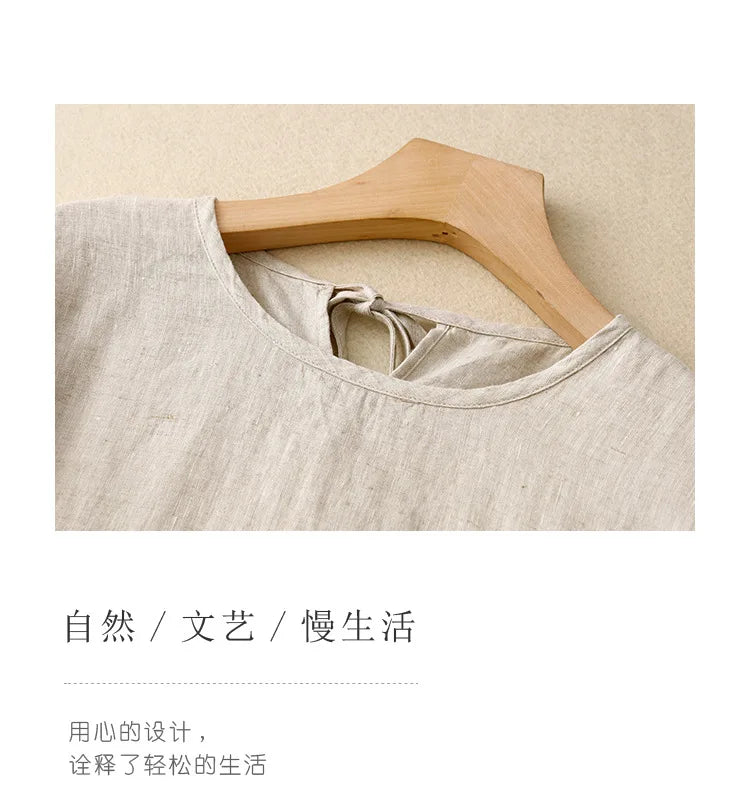 Summer Cotton Linen Blended Thin And Breathable Dress Women Literary Big Swing Short Sleeve Solid Loose Casual Female Dresses