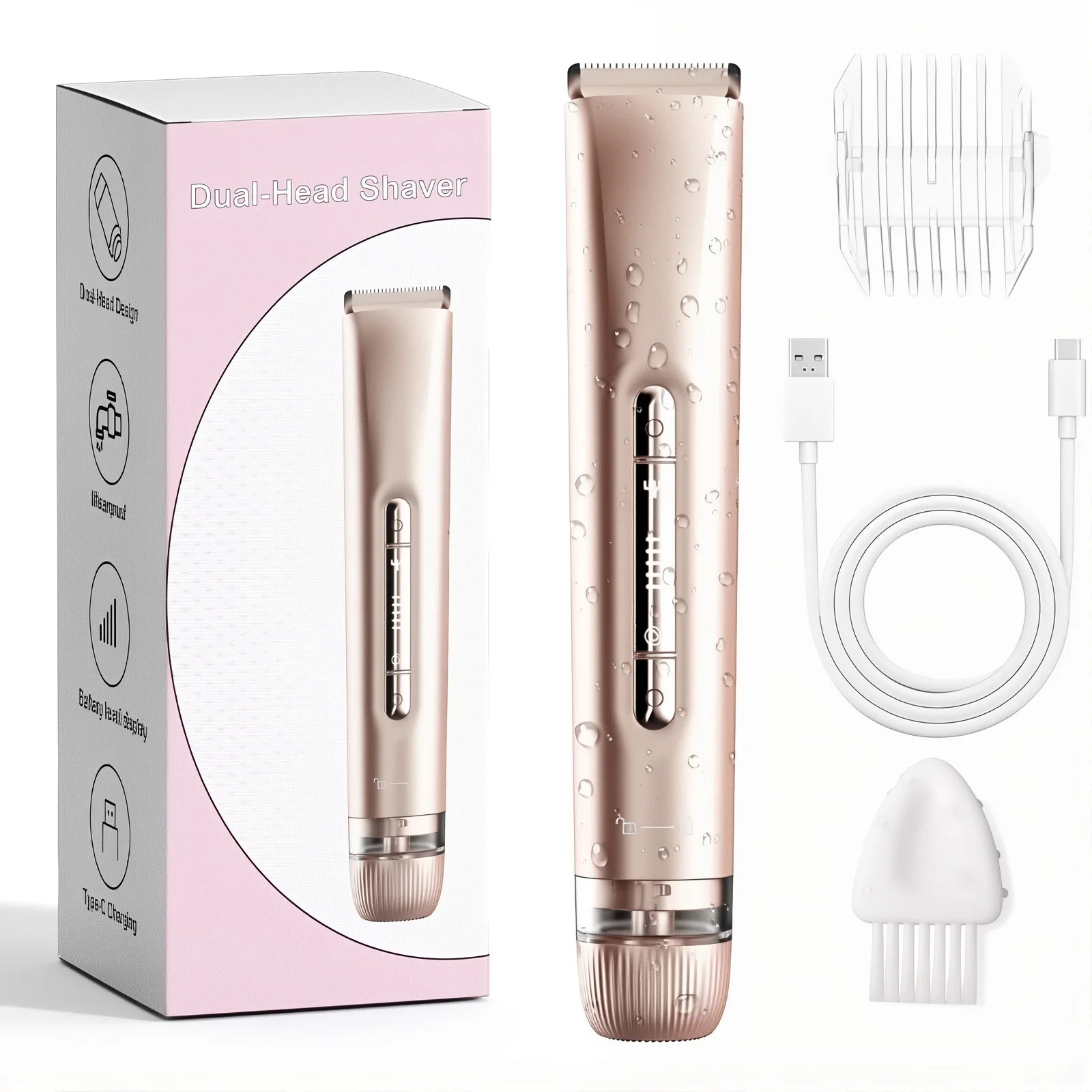 Electric Hair Trimmer 2-in-1 USB Rechargeable Waterproof for Women & Men Bikini Nose Eyebrows Trimming with Dual Heads