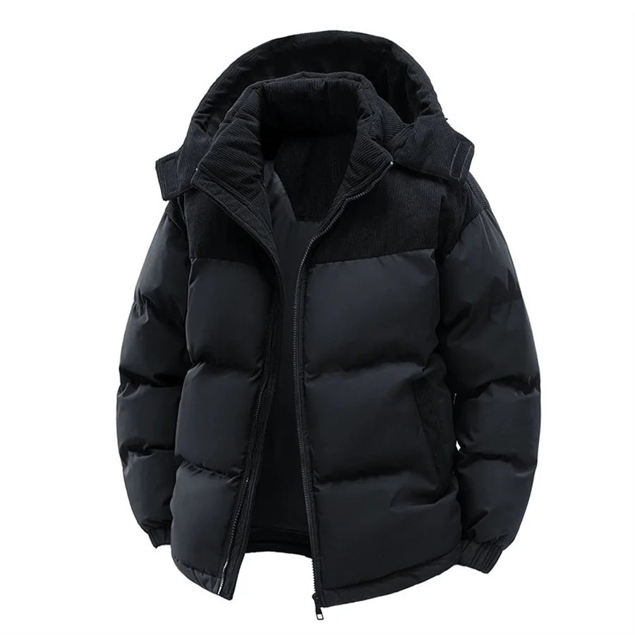 2027 New Patchwork Men Jackets Cotton Padded Corduroy Winter Warm Coat Men's Hooded Windproof Thick Outerwear Mens Clothes