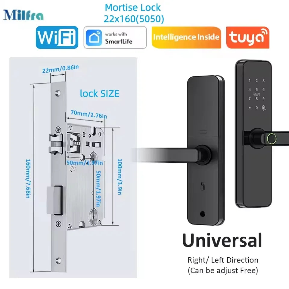 Tuya Smart Door Lock Wifi Electronic with Biometric Fingerprint/IC Card/Password/Key Unlock/Remote Control/USB Emergency Charge