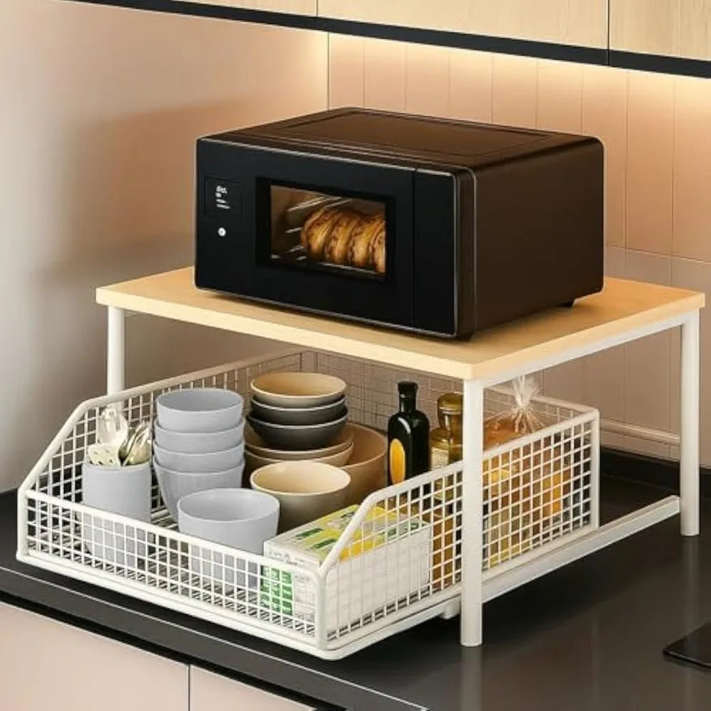 Double-Layer Kitchen Countertop Storage Rack Organizer with Drawers for Tableware Spices Coffee Condiments Space Saving