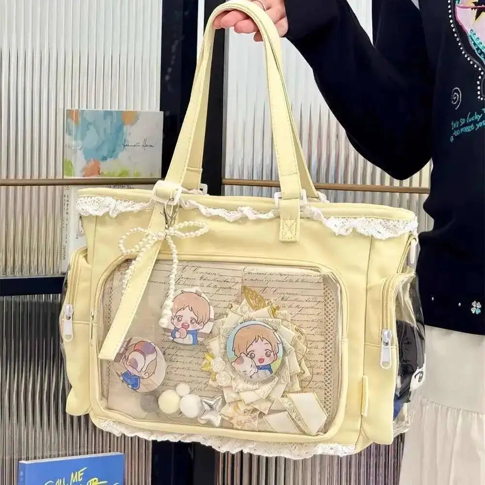 Japanese Sweet Women Ribbon Ita Bag Fashion Large Capacity Tote Bag Aesthetic Shoulder Bag Cute Lolita Girl Transparent Handbags