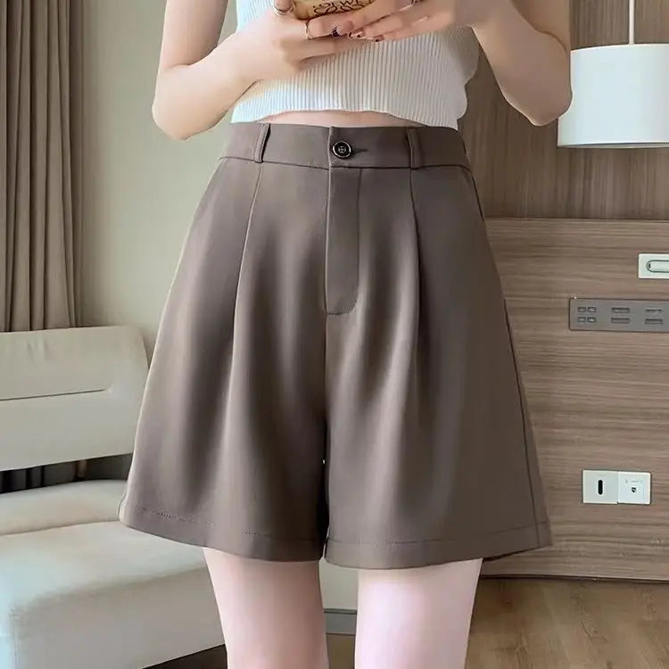 Suit Shorts Women Wear Loose Waist Tight Waist High Thin Loose Straight Leisure A -line Wide -legged Female Three -point Pants