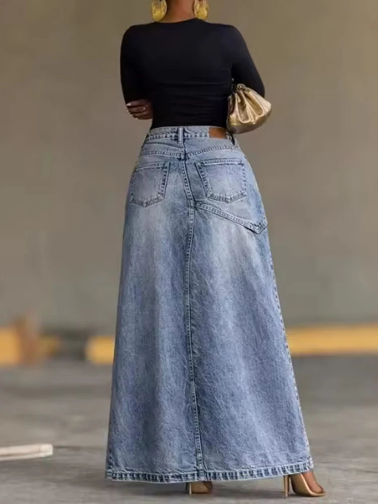 2026 New Irregular Split Denim Skirt Women Fashion Loose Double Waist Stitch Design A-Line Long Skirt Casual Street Jean Skirts