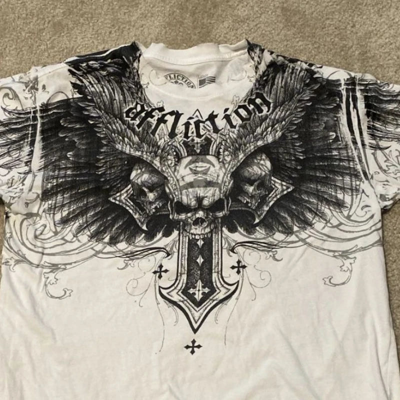 Affliction High Street Y2K Mens T shirt Retro Graphic Print Oversized T Shirt Harajuku Gothic Cotton Short Sleeve Tops New