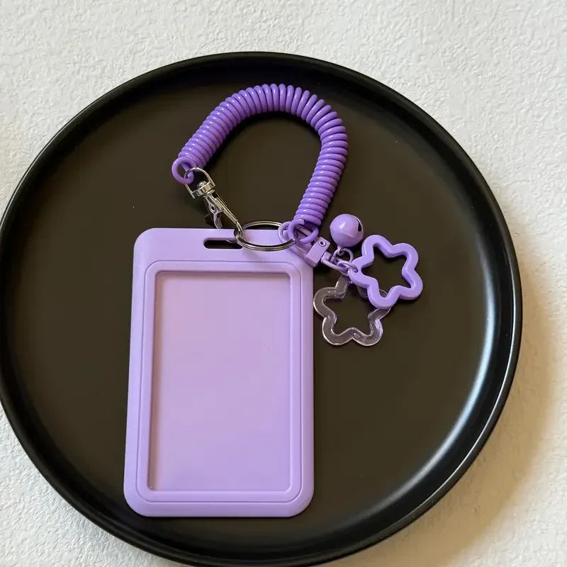 Cute Simple Protective Card Holder with Keychain Colorful Star Retractable Spring Lanyard ID Card Photo Postcard Holder Charms