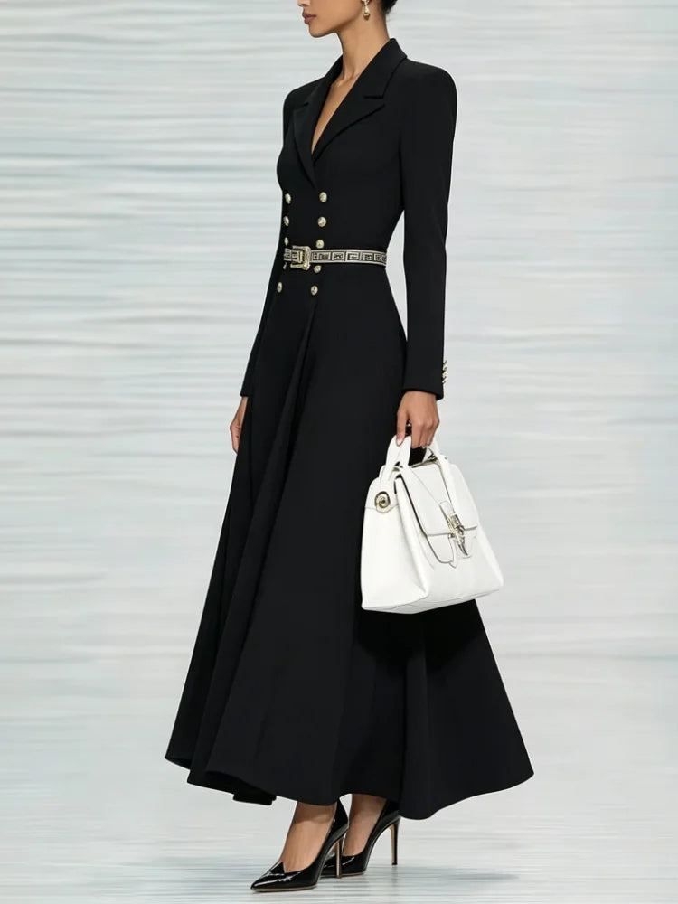 Modigirl 2025 Fall Spring Women’s Simple Black Maxi Dresses V-neck Formal Office Urban Winter Buttoned Dresses for Woman