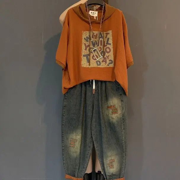 Vintage Plus Size Jeans Set Women's Two-Piece Outfit Casual Suit Denim Pants  Ladies Hooded T-Shirt Printed Jeans Sets