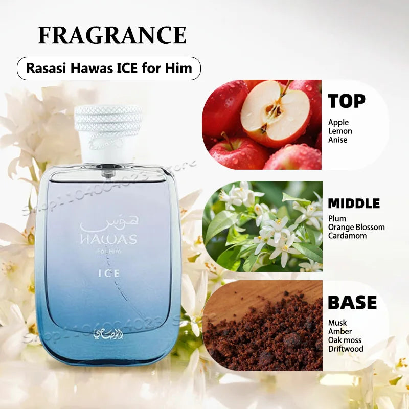 100ml Hawas Perfume for Men Original Rasasi Eau De Parfum Long-Lasting Fragrance Pour Spray Aquatic Scent High Quality Cologne