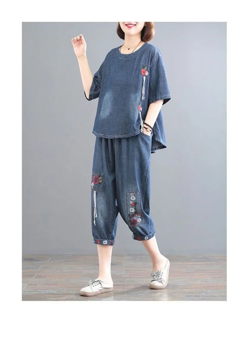 Women Denim Set Female Jeans Two Piece Set 2025 New Spring Summer Thin Korean Loose Cowboy Pants 2 Piece Set Large Size 2PCS