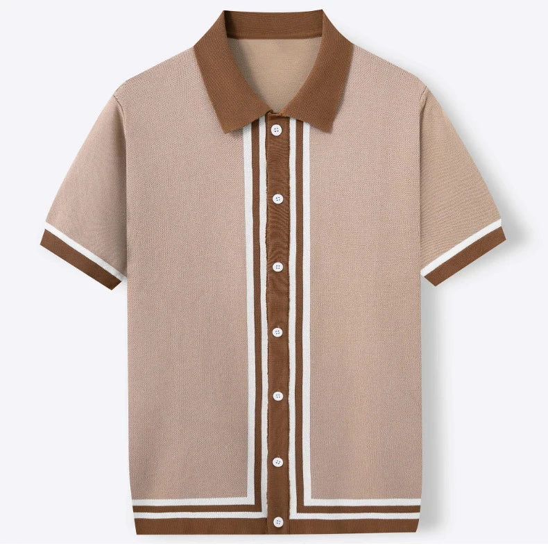 Summer Men Knitted Cardigan Polo Shirts Short Sleeve Striped Jacquarded Business Shirts American Retro Premium Quality Knitwear