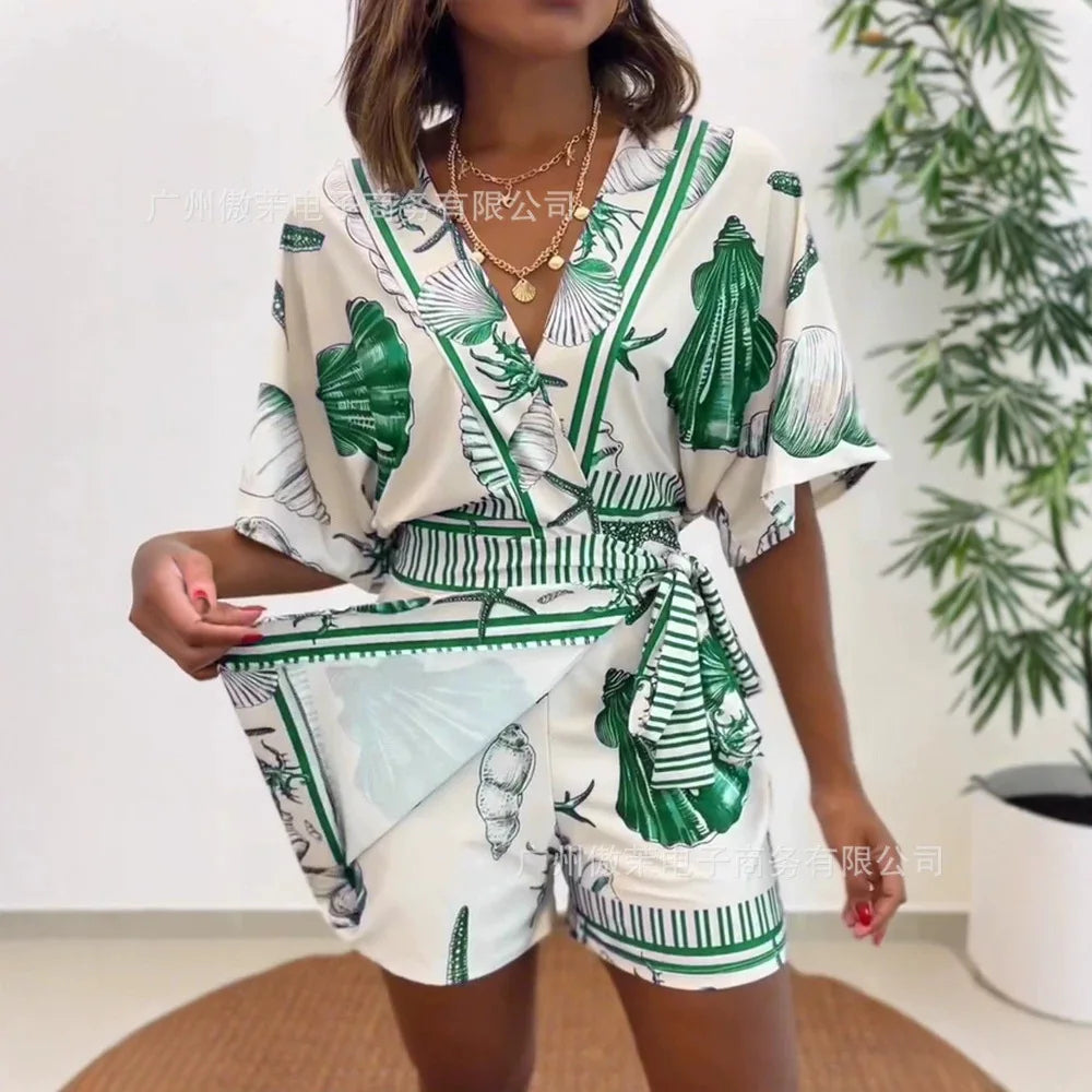 Women V Neck Beach Printed High Waist Stretch Jumpsuit Shorts Overall Playsuit
