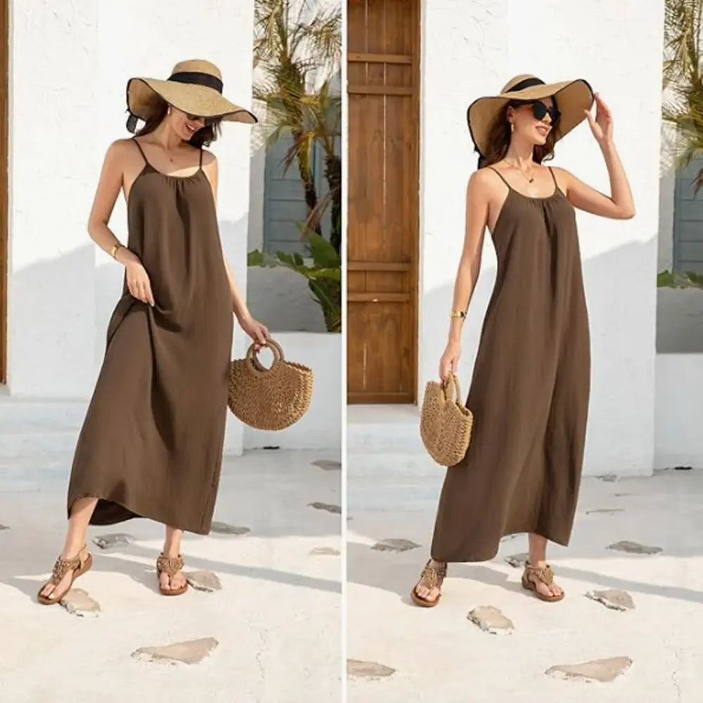 New with Back Tie Backless Cami Dresses Pure Color Soft Backless Sleeveless Comfortable Long Sundress for Women