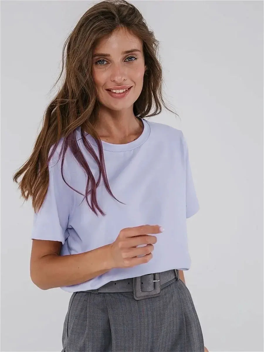 Cross border hot selling cotton T-shirt with round neck and short sleeves for European and American women loose basic top