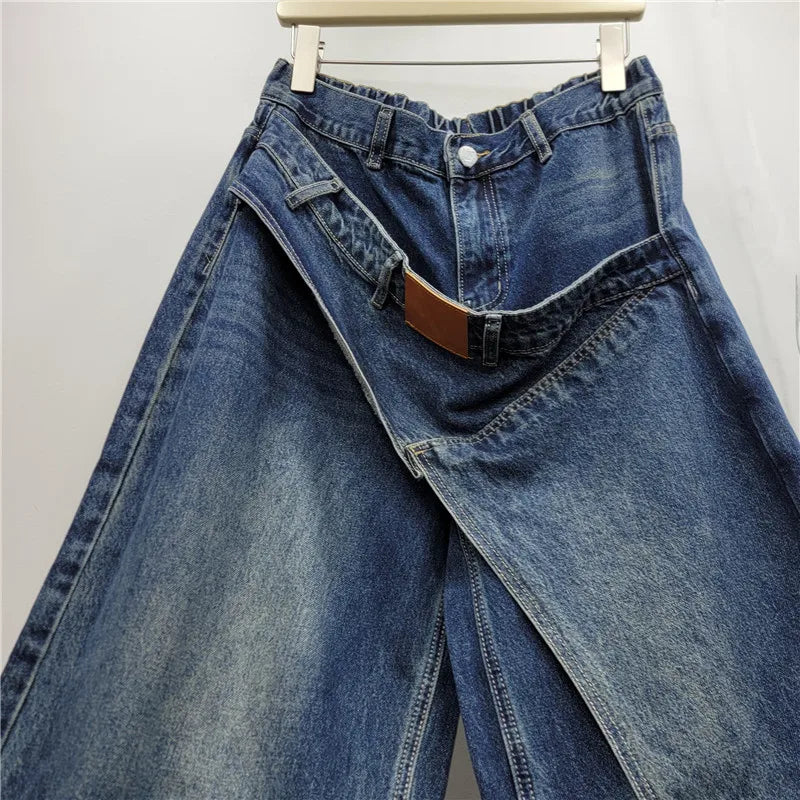 American Retro Hot Chick New Spring Autumn Wide Leg Jeans Personality Denim Splicing All-match High Waist Blue Straight Pants