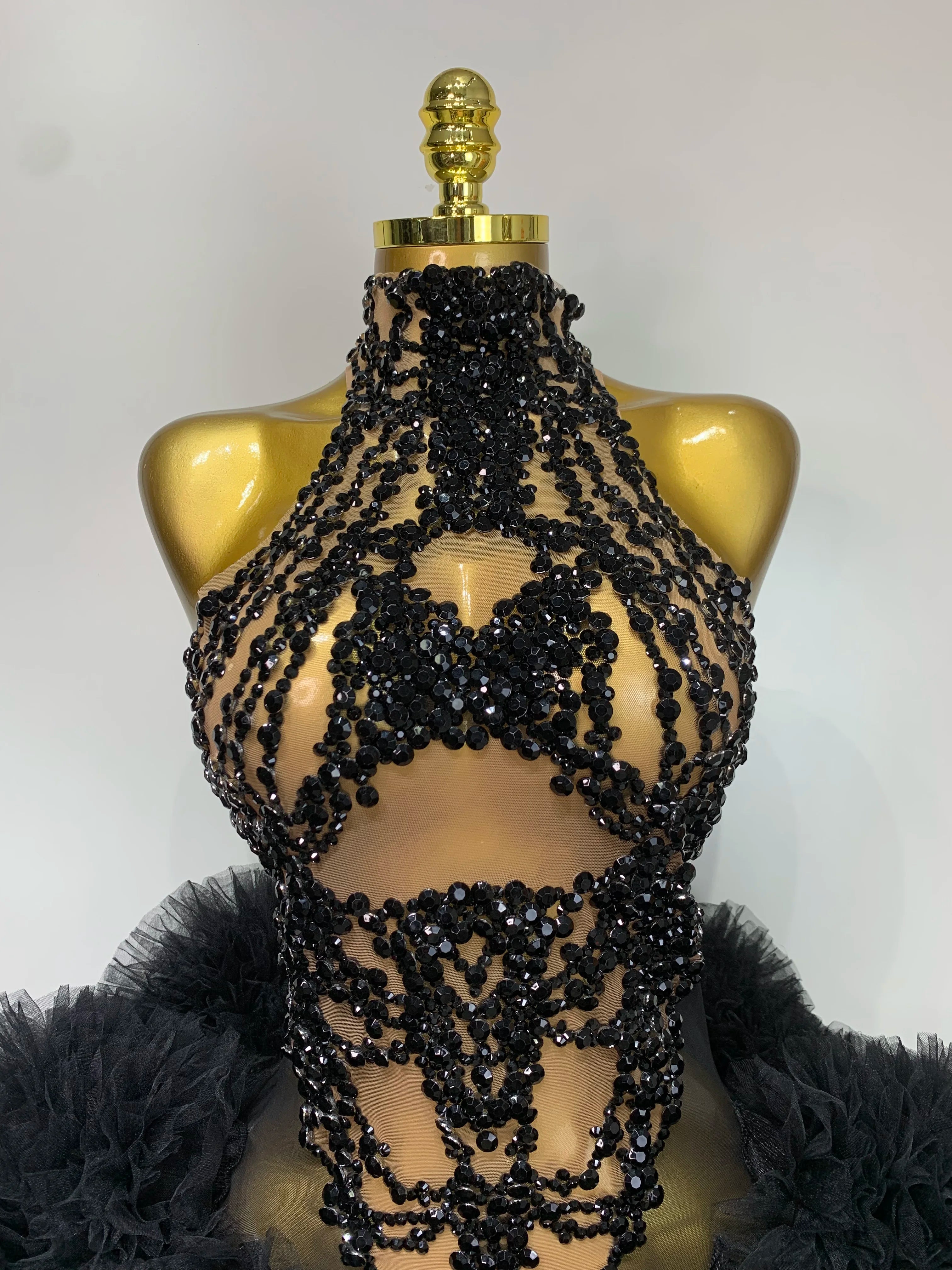Luxury Women Sexy Sparkly Rhinestone Sleeveless Mesh See Through Bodycon Mini Birthday Dress Evening Party Performance Costume