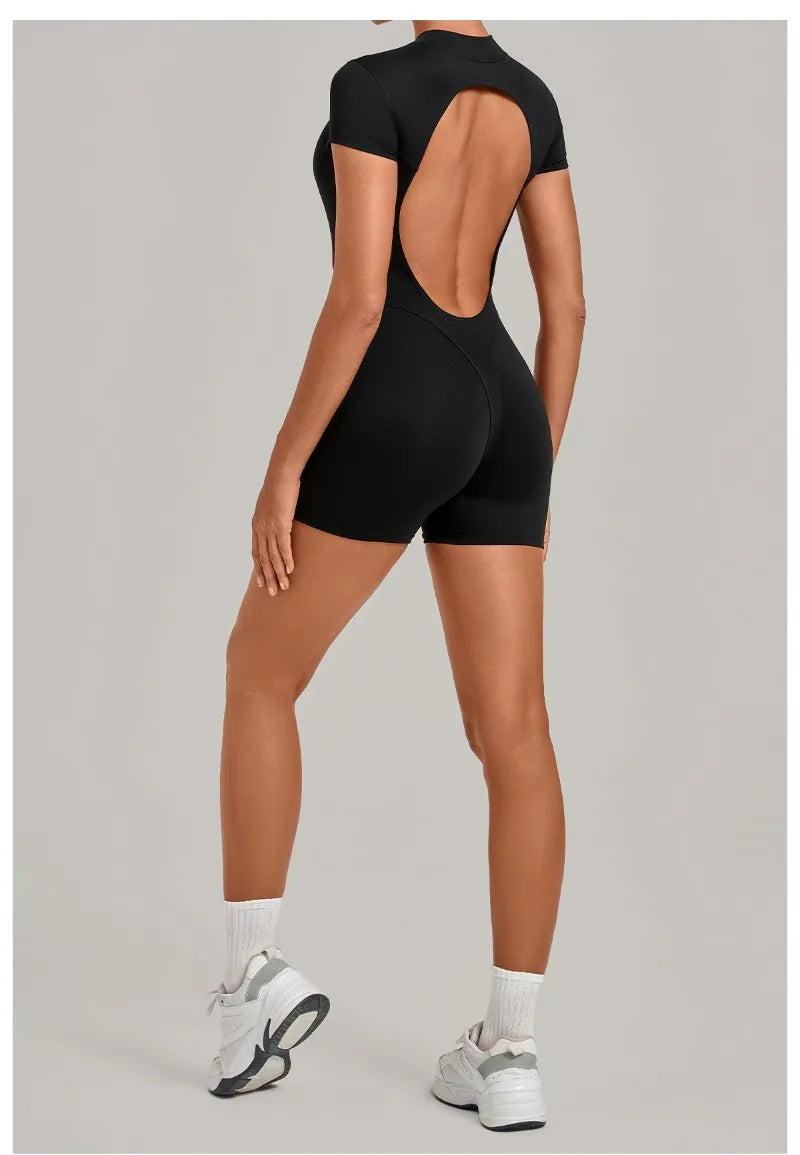Women's Seamless Yoga Jumpsuits Sports Fitness Hip-lifting Short-sleeved Backless Training Workout Gym Shorts One-piece