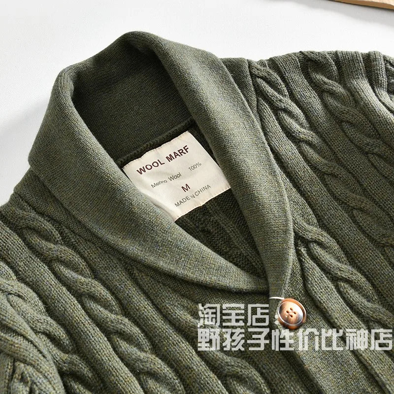 100% Wool Men's Scandinavian Style Shawl Collar Cardigan Nordic Knit Sweater Jacket for Autumn/Winter
