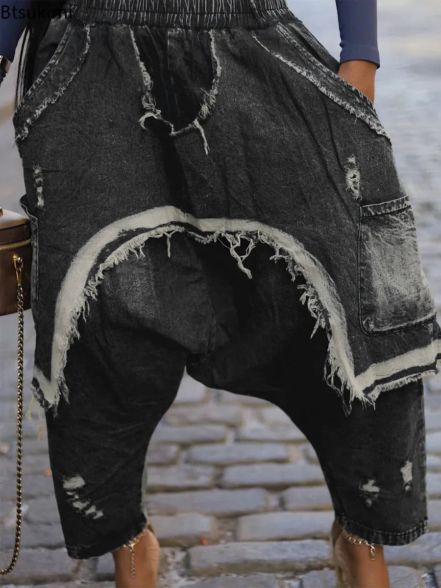 New Vintage Distressed Frayed Ripped Jeans Women's Fashion Loose Harem Pants Casual Hip Hop Streetwear Denim Trousers for Women