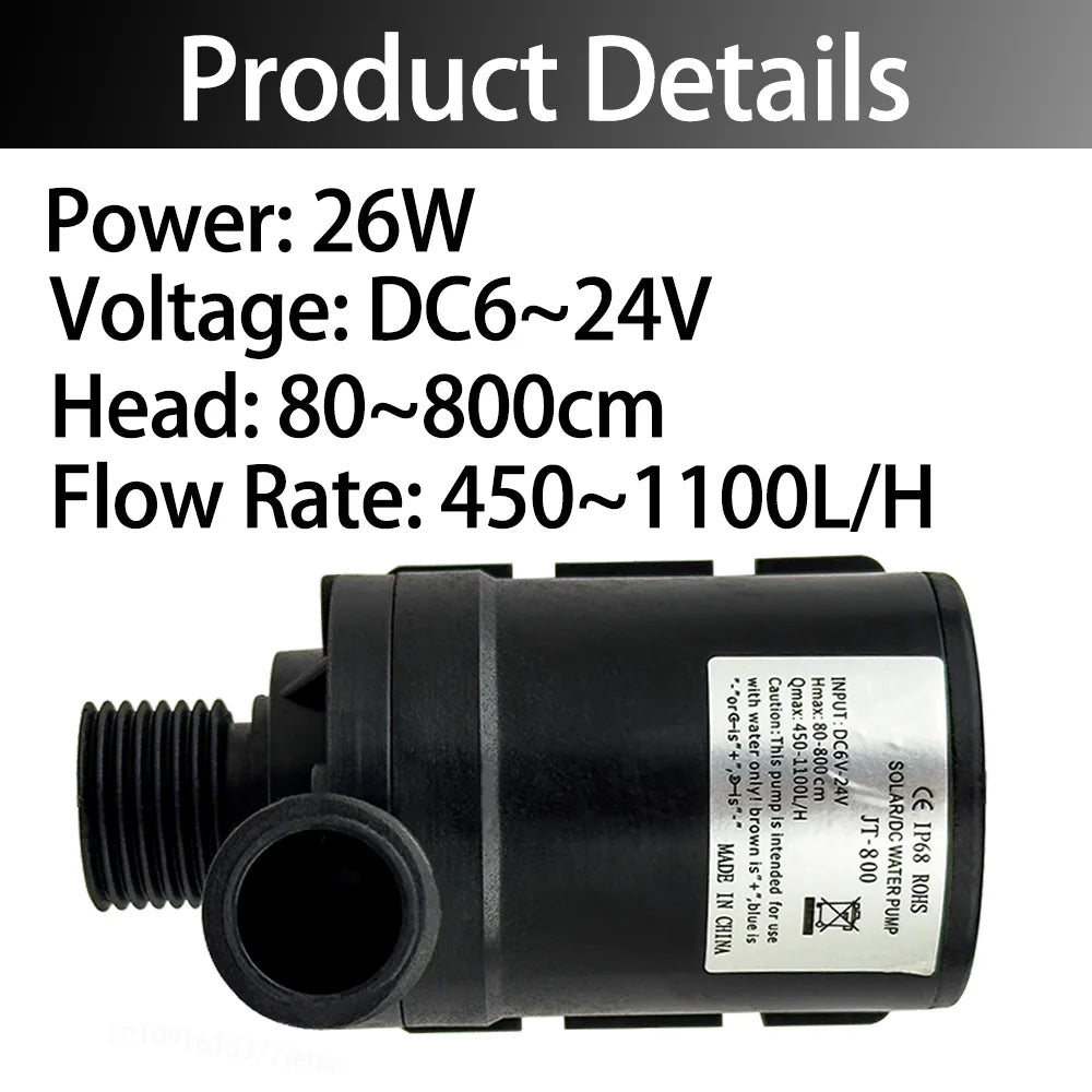 Brushless Motor Water Pump, DC6~24V 1100L/H, 8M Head G1/2" Submersible Pump, Fountain Water Heater, Shower Booster Pump, IP68