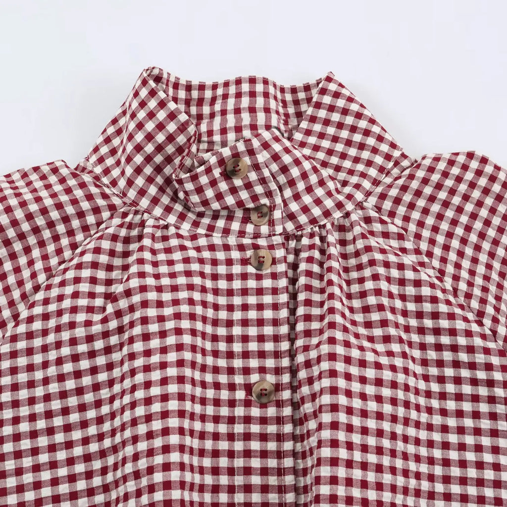 Women's Plaid Jacket, Vintage Gingham Check Coat, Stand Collar Long Sleeve Button Up Outerwear, Loose Casual Autumn Windbreaker