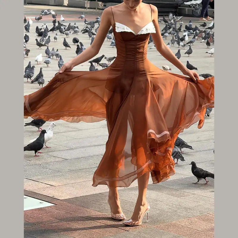 Elegant Pleated Women's Dress Sleeveless Backless Patchwork Waist-Closed Ruffle Hem Sling Maxi Dresses 2026 Summer Female Robe