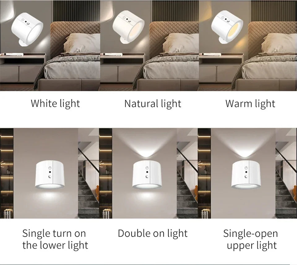 LED Wall Light Rechargeable Touch Double Head Wall Lamp 360° Rotation Wireless Remote Control LED Spotlight For Bedroom Lighting