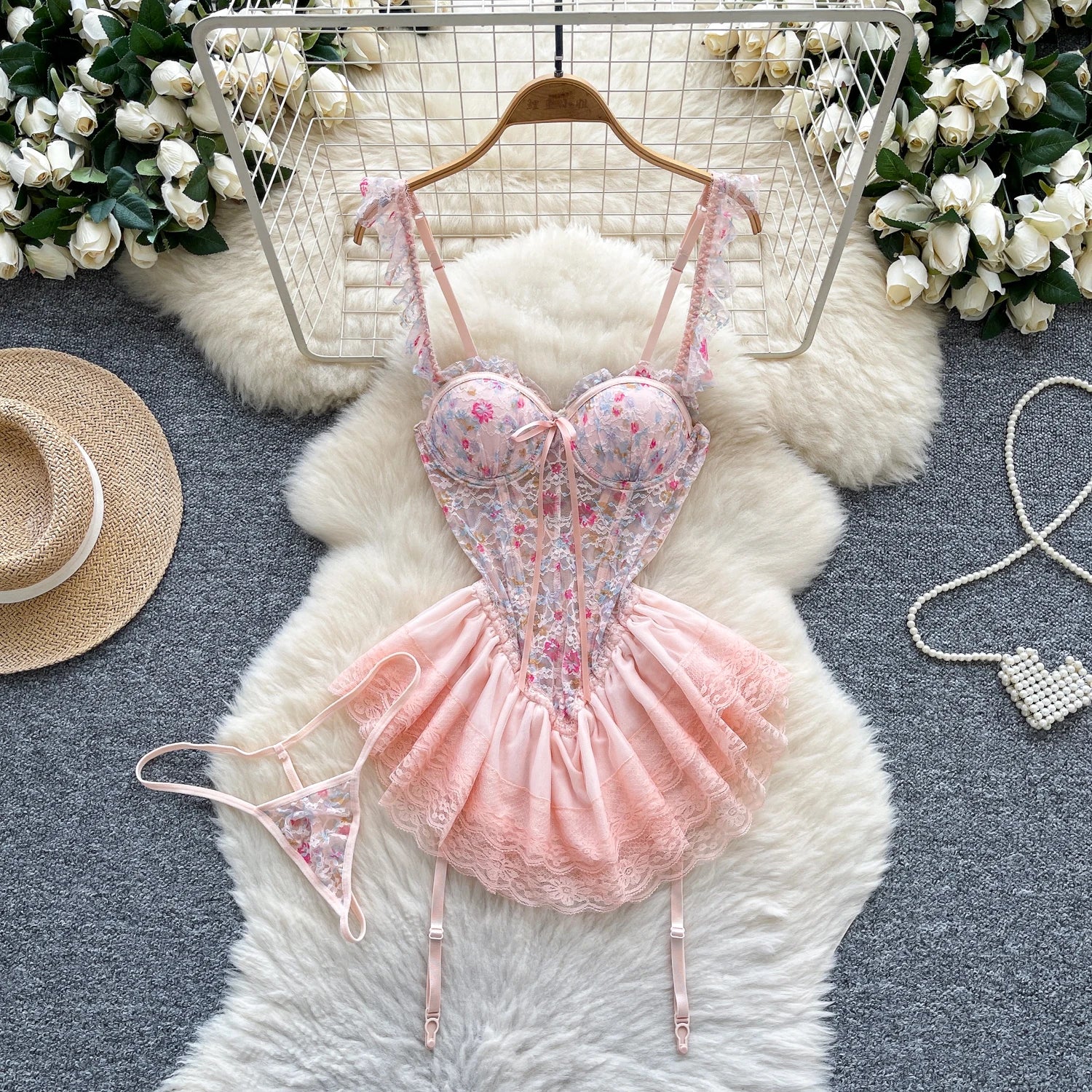 SINGREINY Strap Corset Lingerie Nightdress New Sleeveless Slim Floral Print Mini Nightwear Shapewear Mesh Lace Erotic Mini Dress