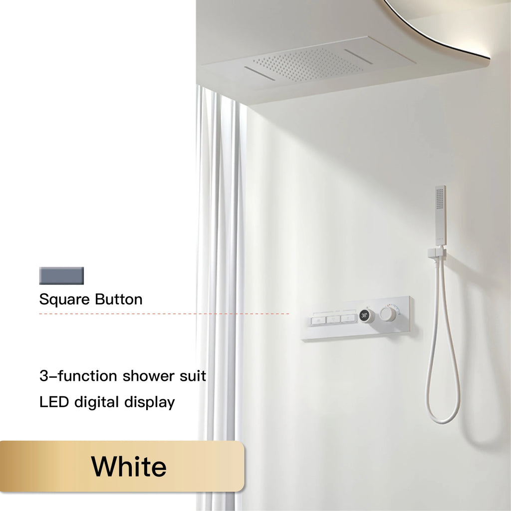 Luxury Black Brass Shower System, Wall Mounted Led Digital Display, Cold Hot Dual Control, Four Function Ceiling Shower Tap